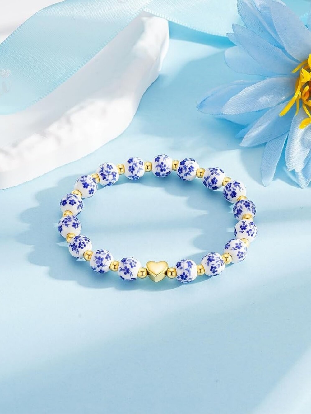 14K Gold Plated Heart Charm Stretch Bracelet